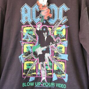 ACDC Sweatshirt Women SP Charcoal Gray Blow Up Your Video Neon Crew 2016 NWT